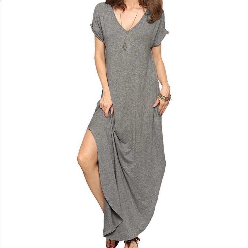 Grey V-Neck T-shirt Maxi Dress w/ Pockets